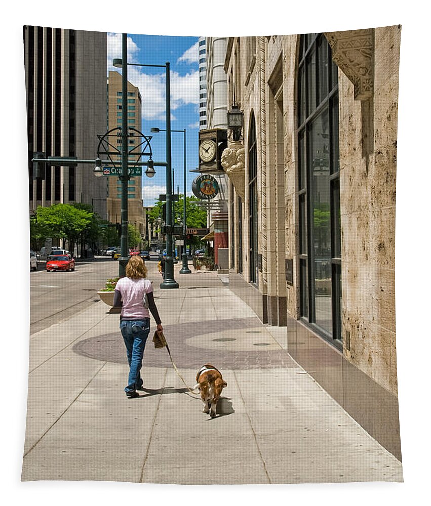 Denver Tapestry featuring the photograph City Dog Walk by Robert VanDerWal