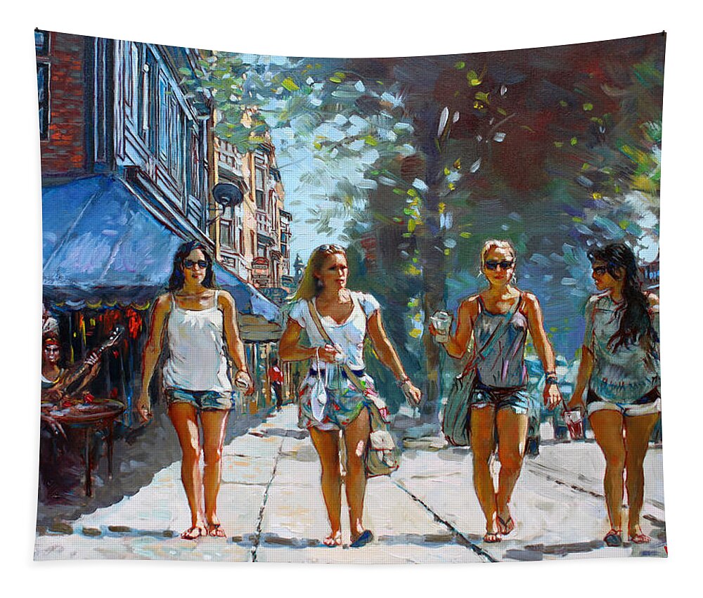 Landscape Tapestry featuring the painting City Girls by Ylli Haruni