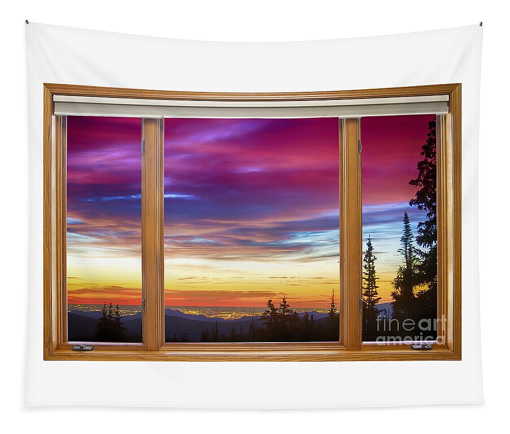 Windows Tapestry featuring the photograph City Lights Sunrise Classic Wood Window View by James BO Insogna