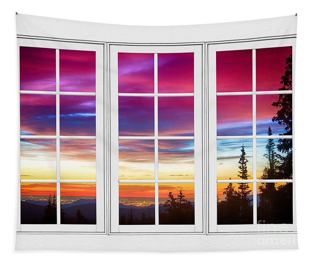 Window To Nature Tapestry featuring the photograph City Lights Sunrise View Through White Window Frame by James BO Insogna