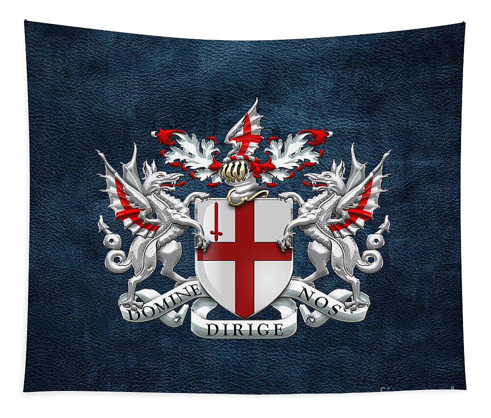 'cities Of The World' Collection By Serge Averbukh Tapestry featuring the digital art City of London - Coat of Arms over Blue Leather by Serge Averbukh