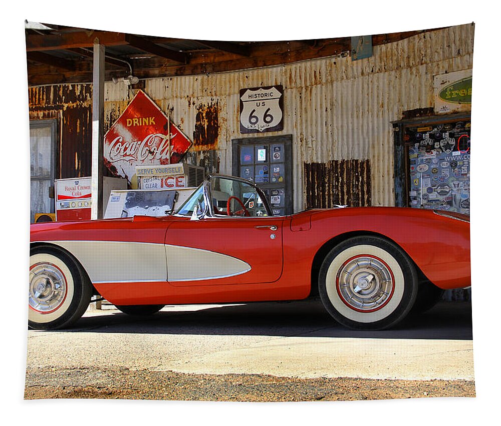 Corvette Tapestry featuring the photograph Classic Corvette on Route 66 by Mike McGlothlen