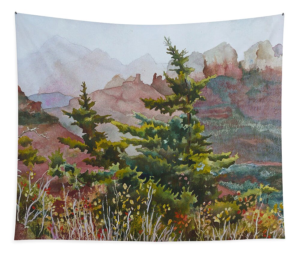 Pine Tree Painting Tapestry featuring the painting Cliffs Near Sedona by Anne Gifford
