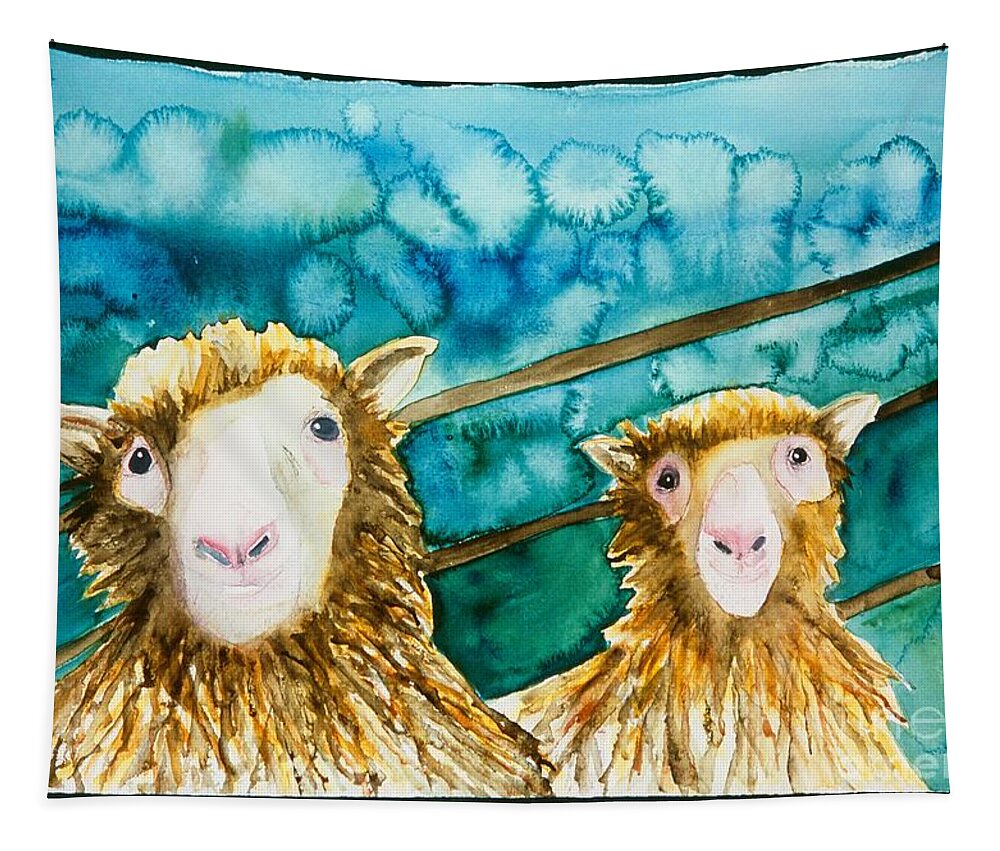 Sheep Tapestry featuring the painting Cloning Around by Sherry Harradence
