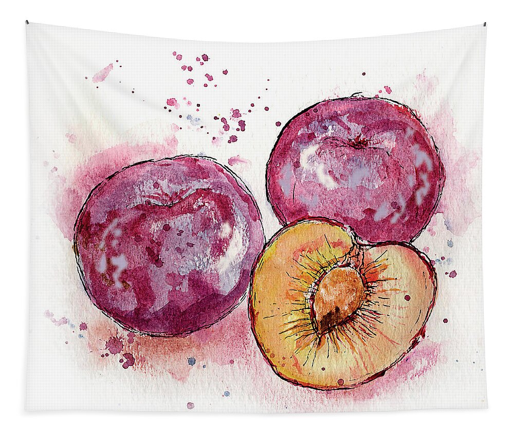 Art Tapestry featuring the painting Close Up Of Three Plums by Ikon Ikon Images