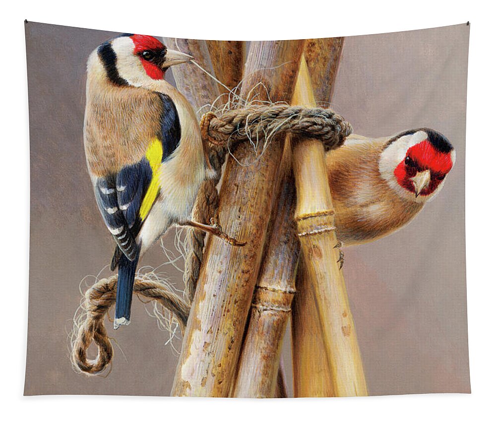 Animal Tapestry featuring the photograph Close Up Of Two Goldfinches Pecking by Ikon Ikon Images