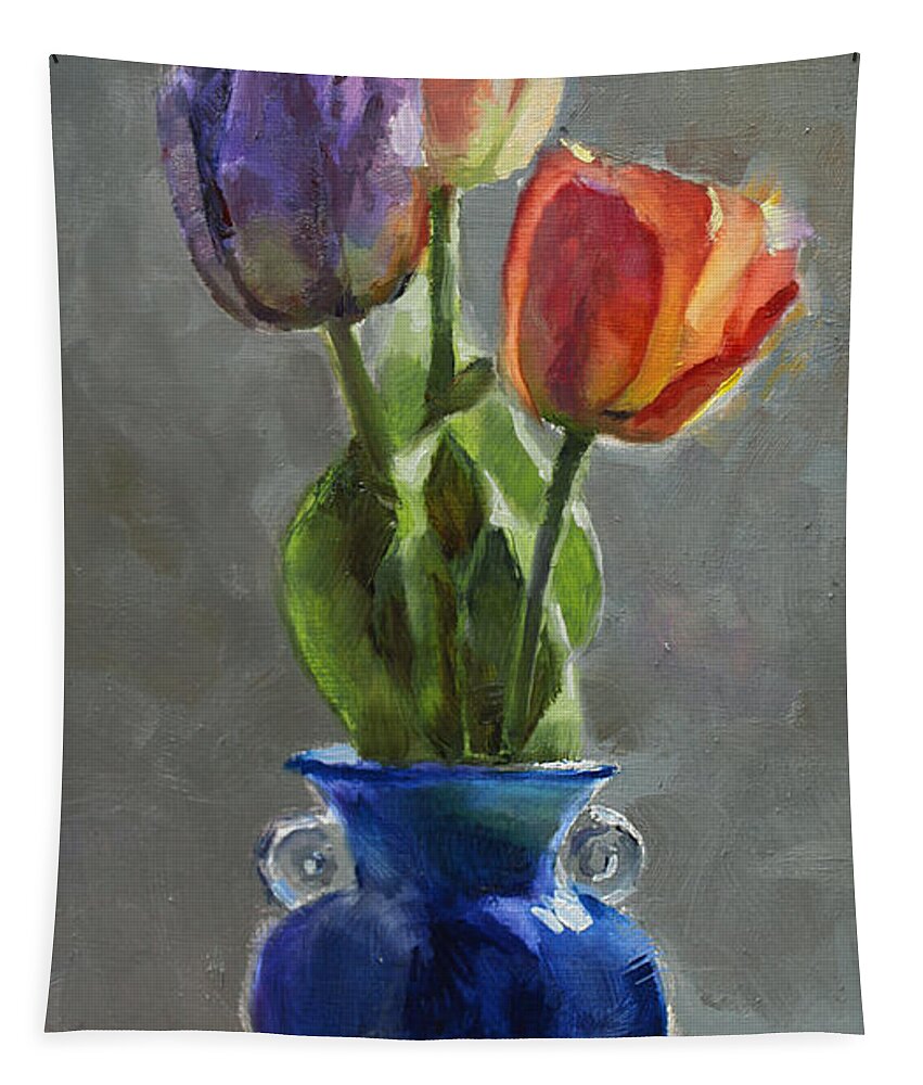 Cobalt Blue Glass Vase Tapestry featuring the painting Cobalt and Tulips Still Life Painting by K Whitworth