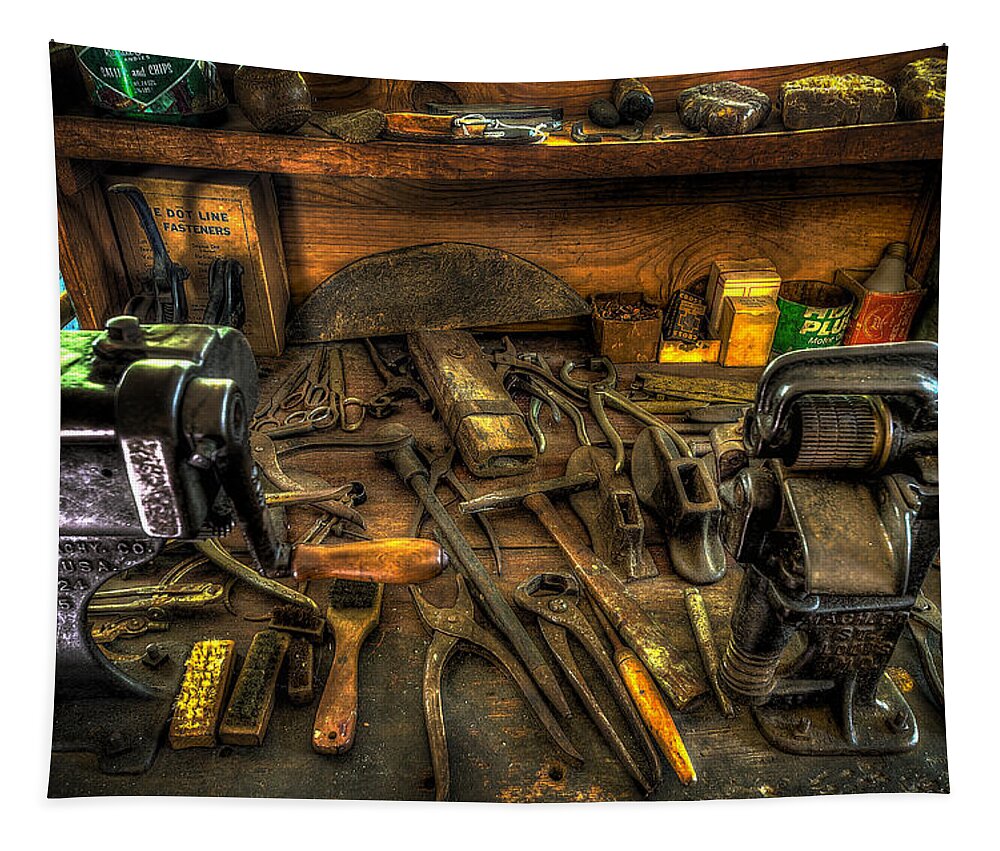 Shoe Repair Tapestry featuring the photograph Cobblers Workbench by David Morefield