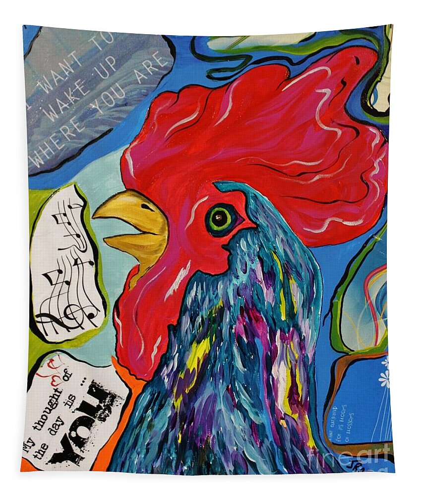 Acrylic Tapestry featuring the mixed media Cock-A-Doodle-Do by Janice Pariza