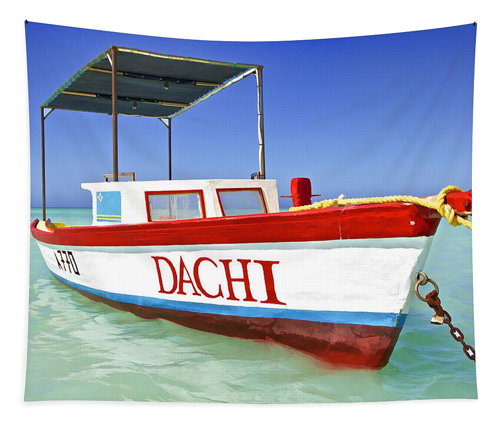 Anchored Tapestry featuring the photograph Colorful Fishing Boat of the Caribbean #2 by David Letts