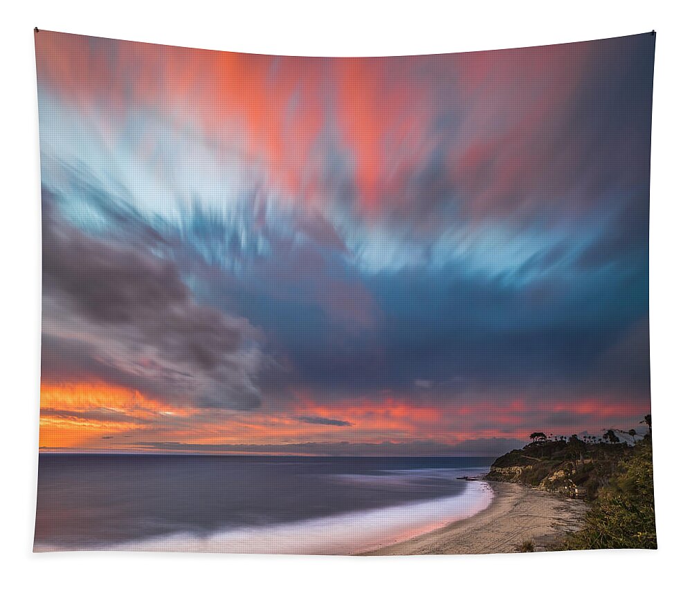 California; Long Exposure; Ocean; Reflection; San Diego; Sand; Sunset; Sun; Clouds; Waves Tapestry featuring the photograph Colorful Swamis Sunset - Square by Larry Marshall