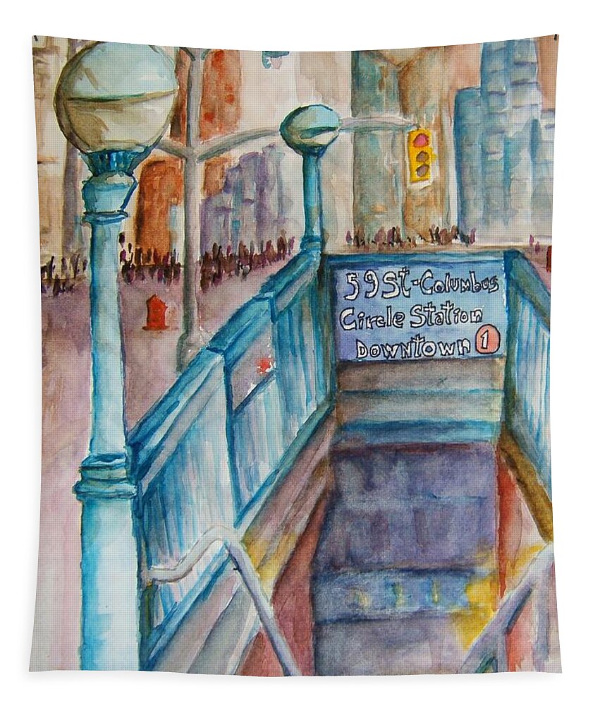 Nyc Tapestry featuring the painting Columbus Circle Subway Stop by Elaine Duras