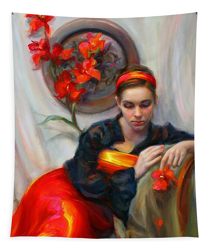 Talya Tapestry featuring the painting Common Threads - Divine Feminine in silk red dress by Talya Johnson