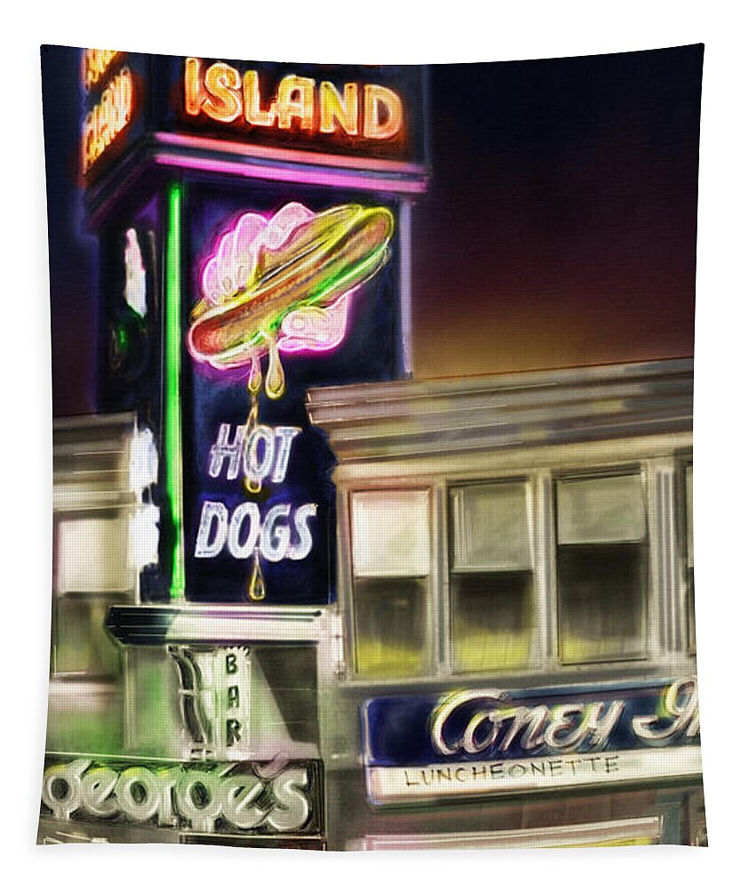 Eat Tapestry featuring the mixed media Coney Island Hot Dog by Mark Tonelli