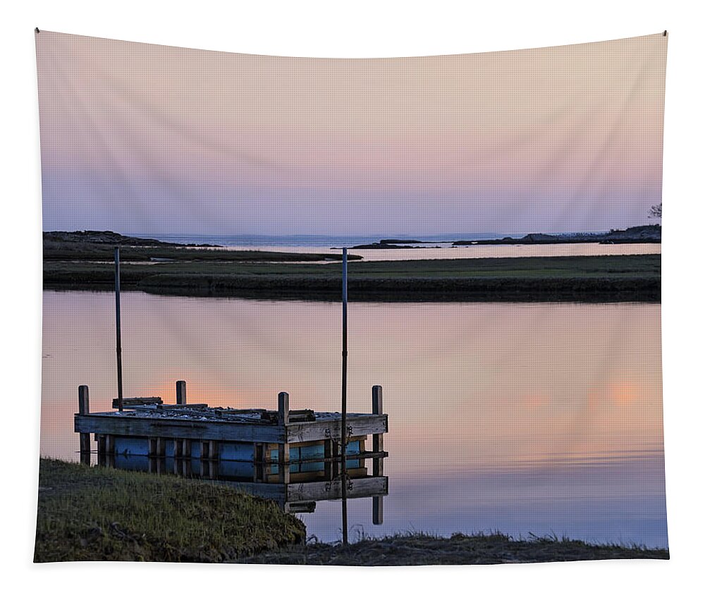 Sunset Tapestry featuring the photograph Connecticut Backwaters Sunset with dock by Marianne Campolongo