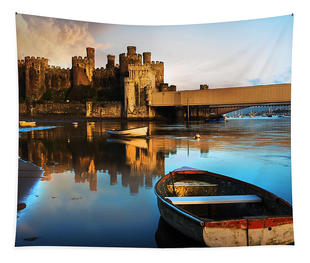 Conwy Tapestry featuring the photograph Conwy Castle Reflection by Mal Bray