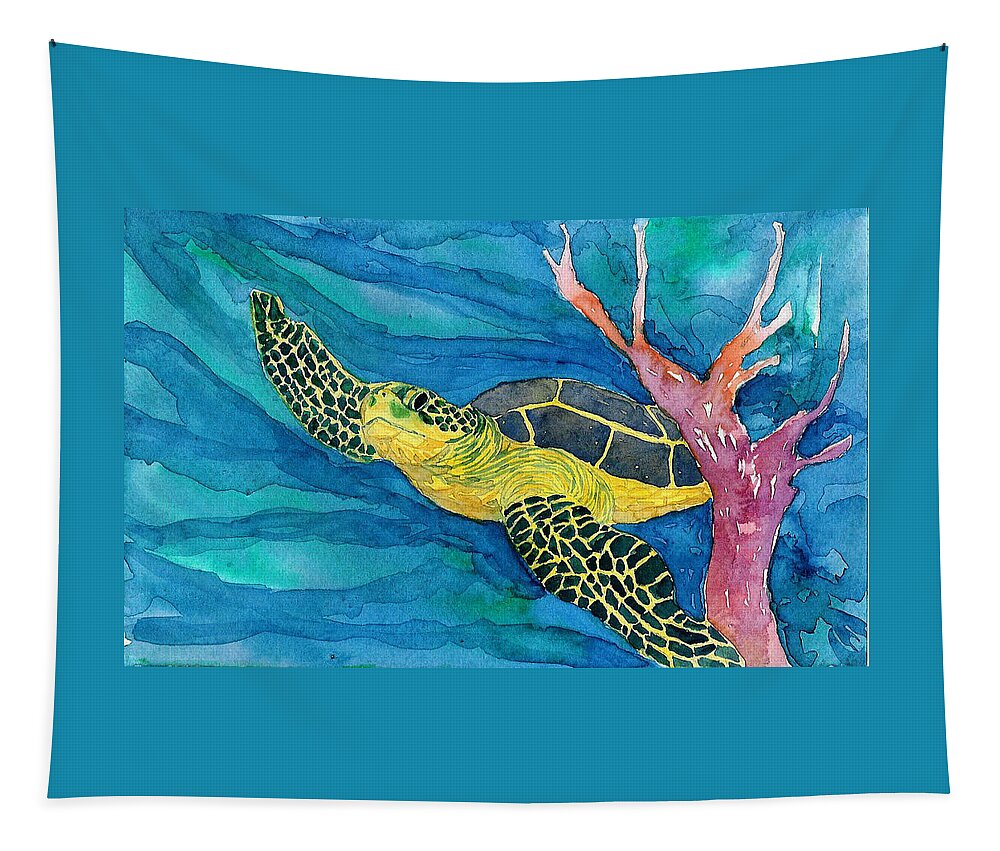 Sea Turtle Tapestry featuring the painting Coral Sea Turtle by Anne Marie Brown