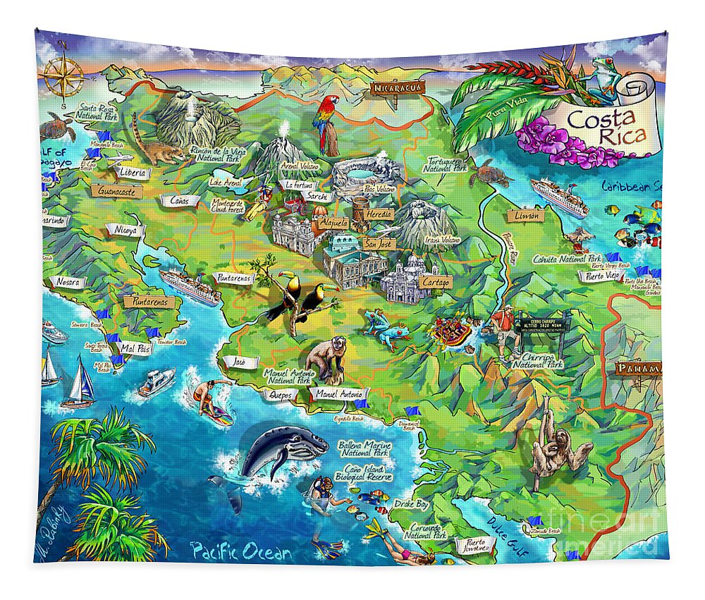 Costa Rica Tapestry featuring the painting Costa Rica map illustration by Maria Rabinky