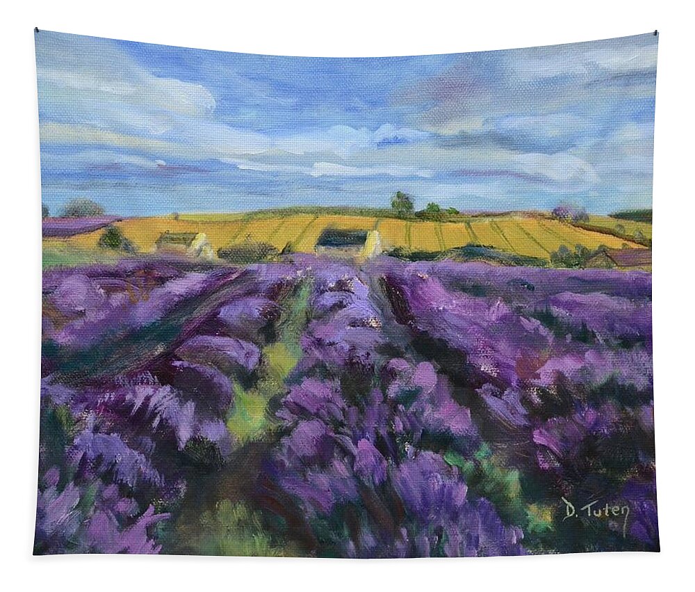 Lavender Tapestry featuring the painting Cotswold Lavender Fields by Donna Tuten