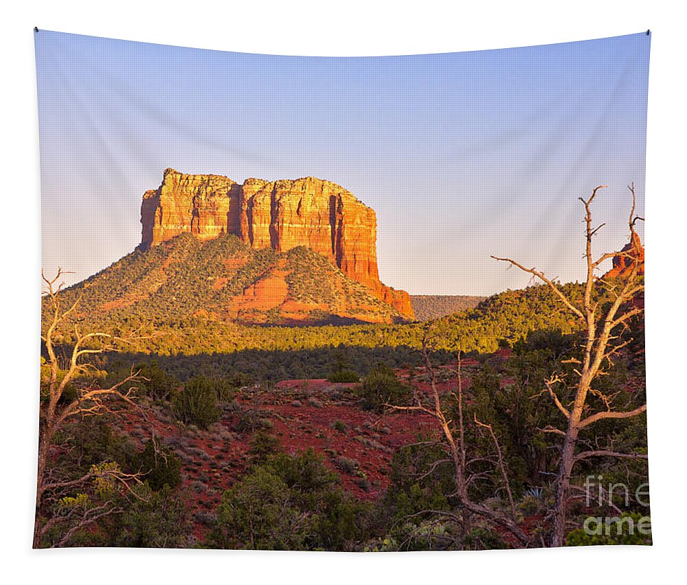 Courthouse Butte Tapestry featuring the photograph Courthouse Butte at sunset Sedona Arizona by Ken Brown