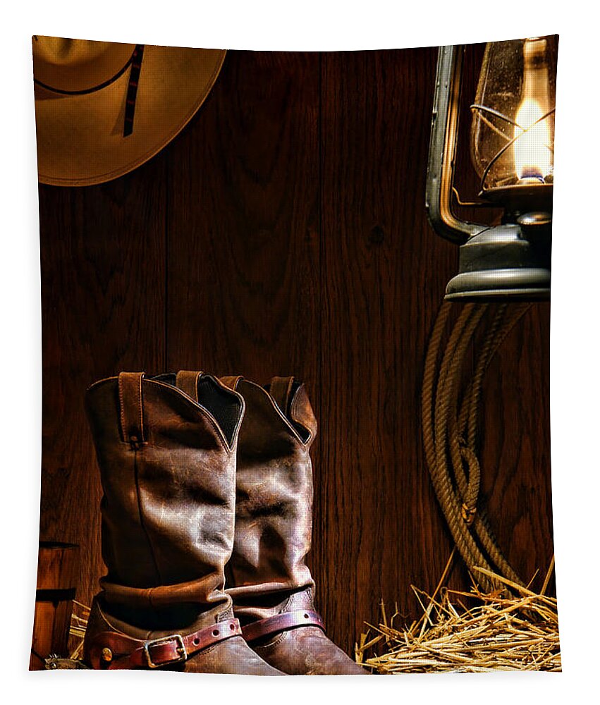 Western Tapestry featuring the photograph Cowboy Boots at the Ranch by Olivier Le Queinec