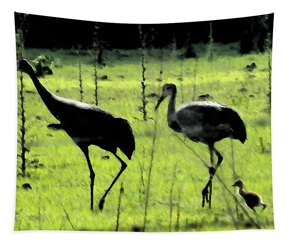 Sandhill Tapestry featuring the painting Cranes with Baby Close Behind by George Pedro