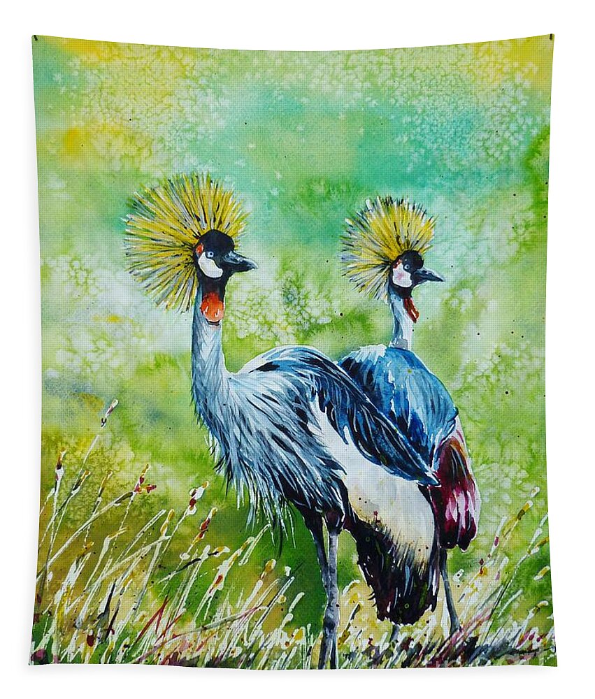 crowned Cranes Tapestry featuring the painting Crowned Cranes by Zaira Dzhaubaeva