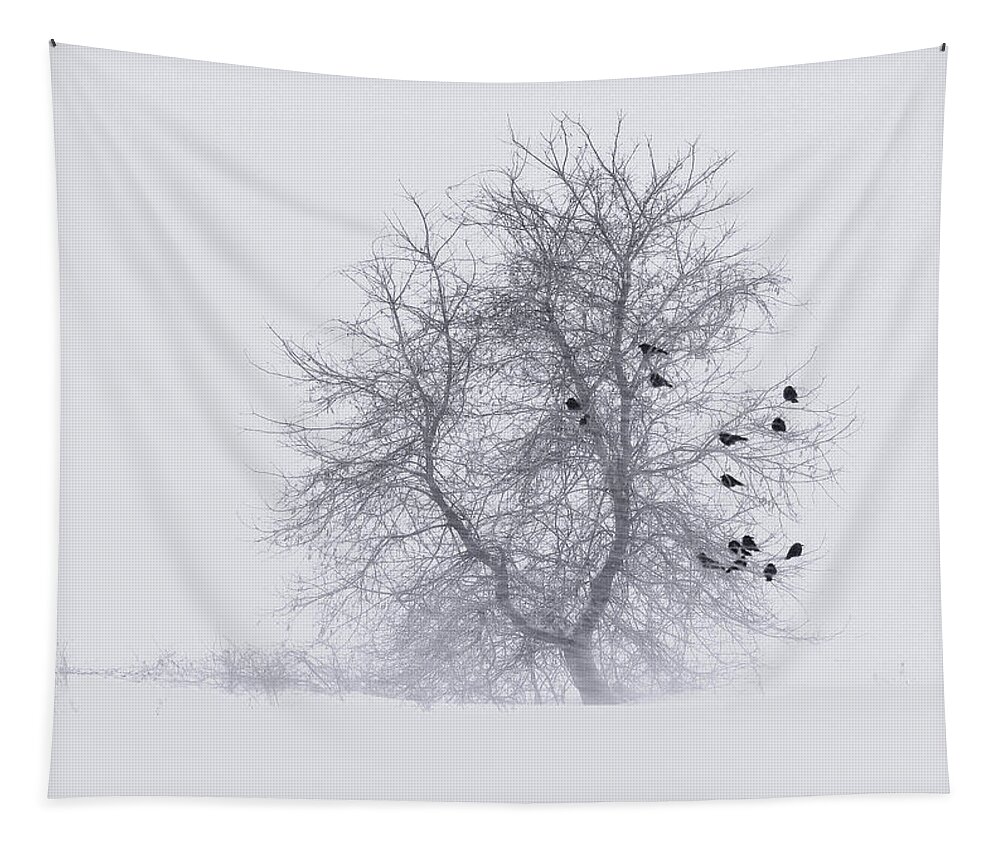 Nature Tapestry featuring the photograph Crows on Tree in WInter Snow Storm by Peter V Quenter