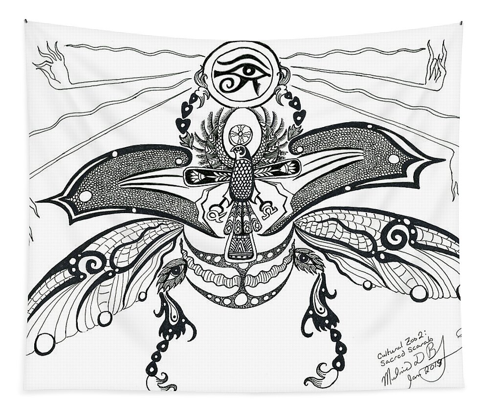 Bug Tapestry featuring the drawing Cultural Zoo 2 Sacred Scarab by Melinda Dare Benfield