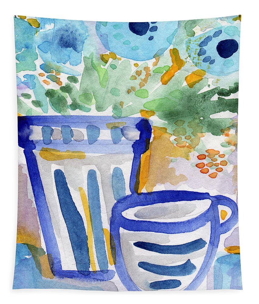 Blue And White Tapestry featuring the painting Cups and Flowers- watercolor floral painting by Linda Woods