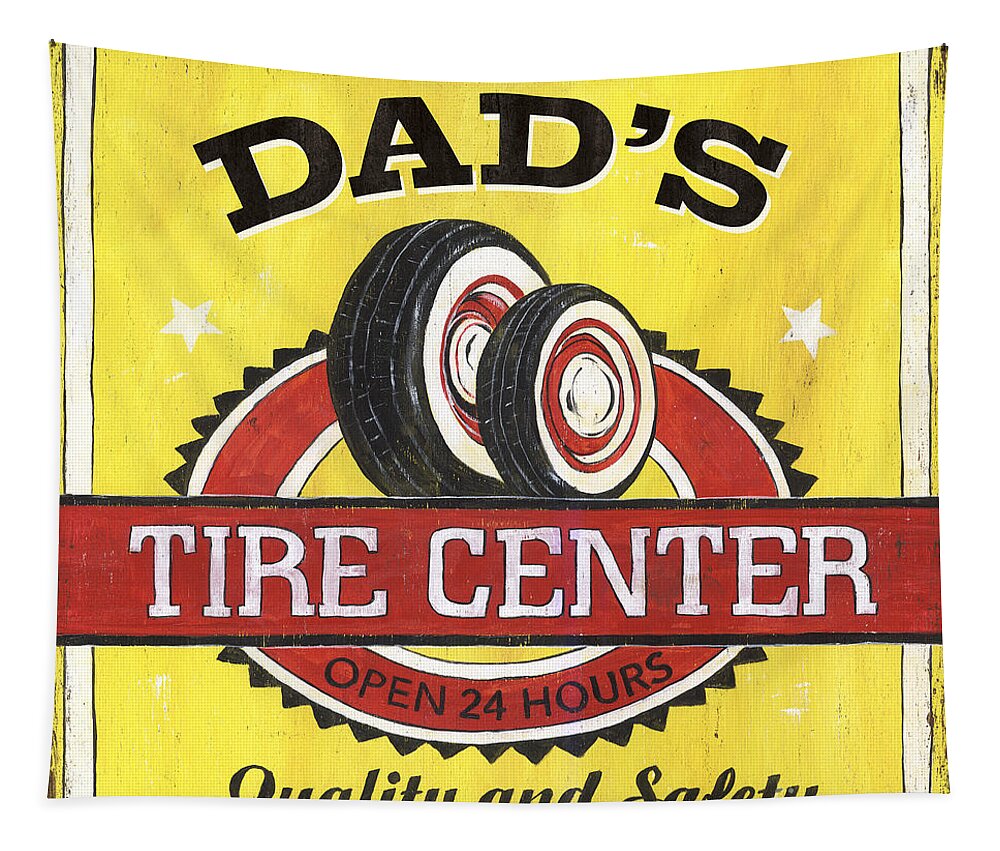 Dad Tapestry featuring the painting Dad's Tire Center by Debbie DeWitt