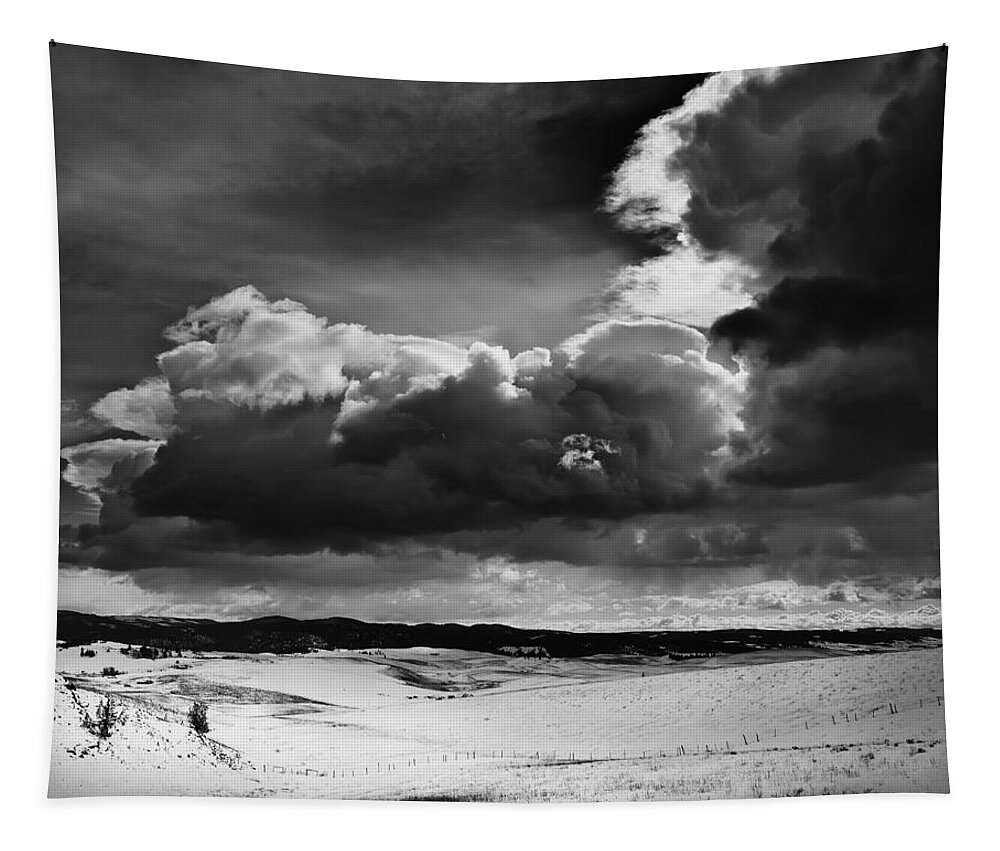 Clouds Tapestry featuring the photograph Dark Clouds Over Snowy Landscape by Theresa Tahara