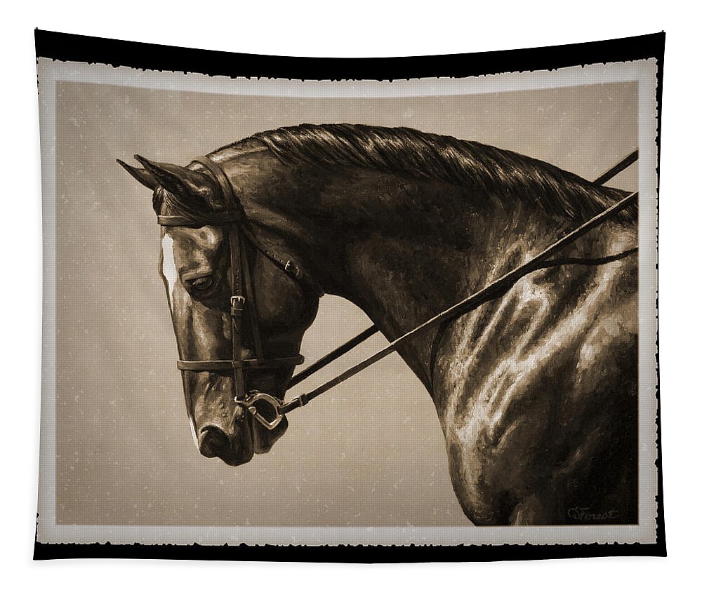 Horse Tapestry featuring the painting Dark Dressage Horse Old Photo FX by Crista Forest