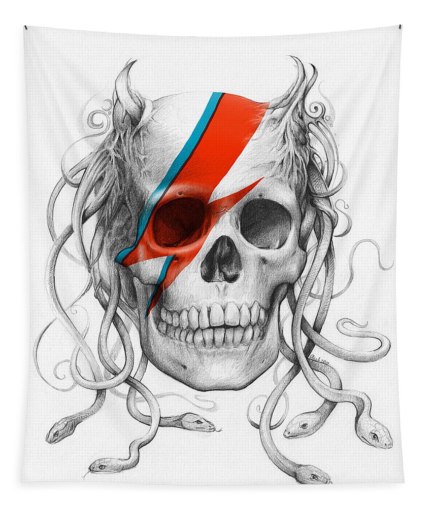 David Bowie Tapestry featuring the drawing David Bowie Aladdin Sane Medusa Skull by Olga Shvartsur