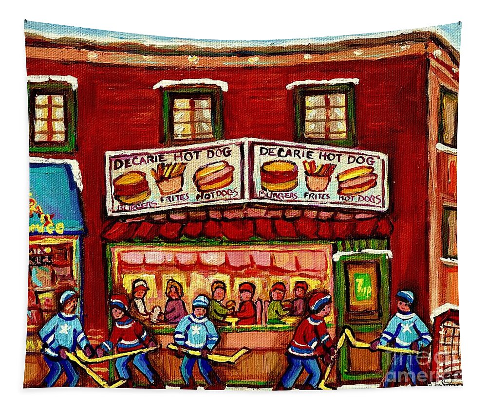 Montreal Tapestry featuring the painting Decarie Hot Dog Restaurant Cosmix Comic Store Montreal Paintings Hockey Art Winter Scenes C Spandau by Carole Spandau