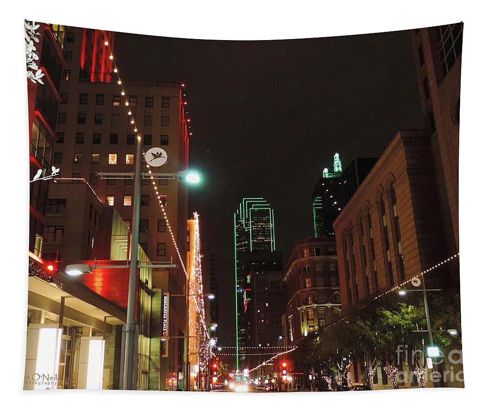 Dallas Texas Tapestry featuring the photograph December On Main Street #1 by Robert ONeil
