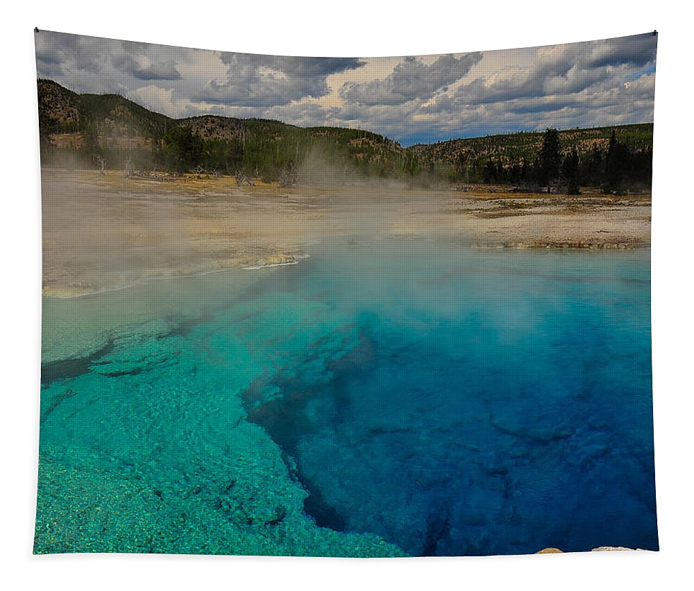 Grand Prismatic Spring Midway Yellowstone National Park Wyoming Mountain Landscape Posters Tapestry featuring the photograph Deep Blue by Harry Spitz
