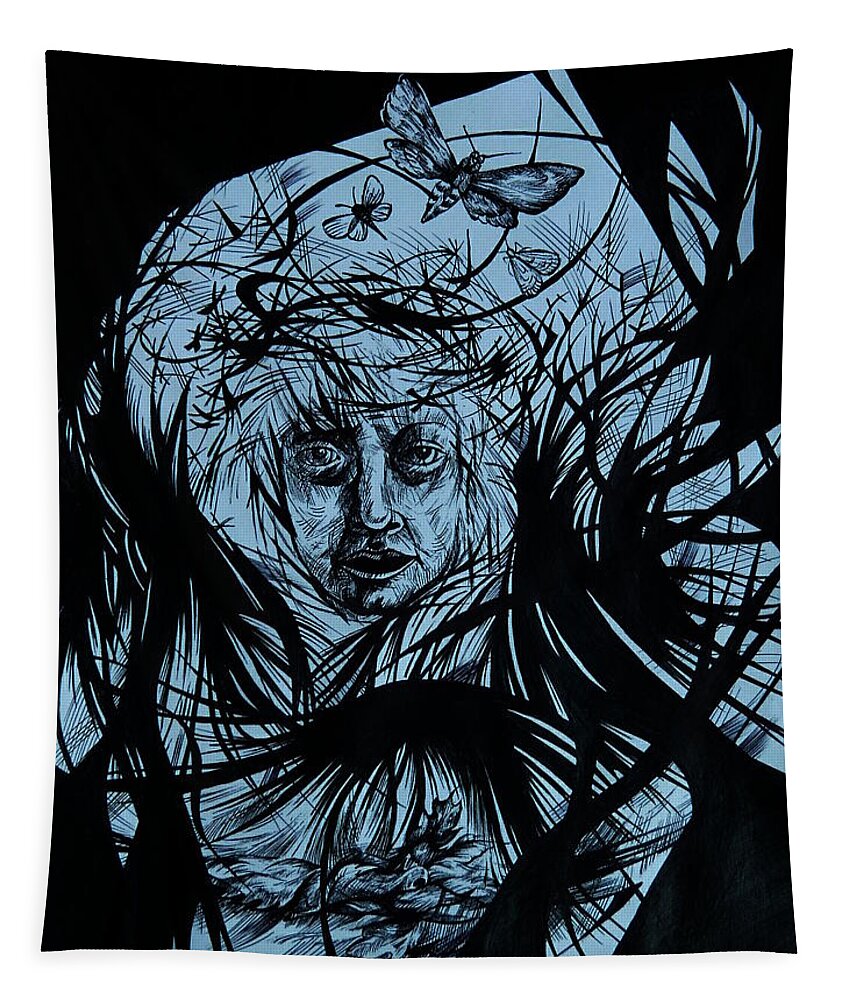 Black And White Tapestry featuring the drawing Dementia by Anna Duyunova