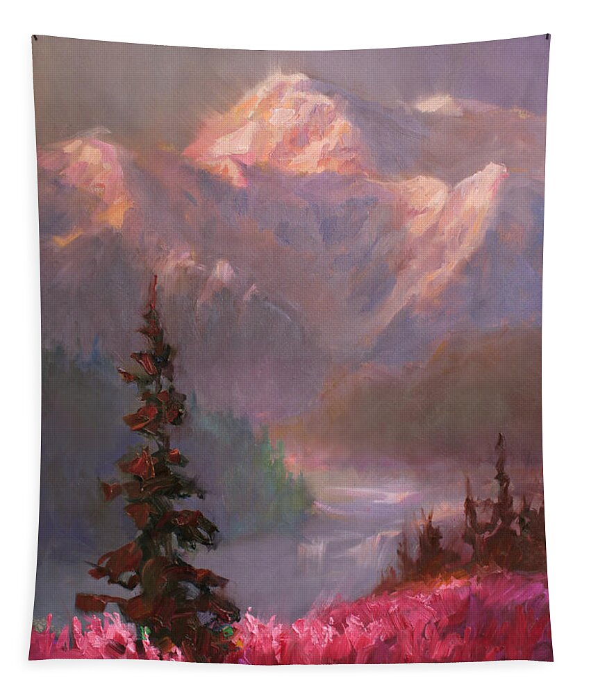 Denali Tapestry featuring the painting Denali Summer - Alaskan Mountains in Summer by K Whitworth