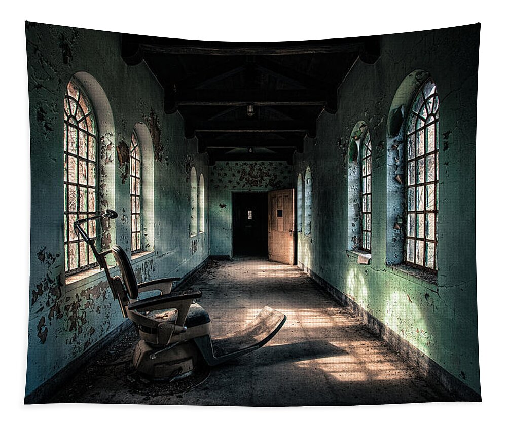 Dentist Chair Tapestry featuring the photograph Dentists Chair in the Corridor by Gary Heller
