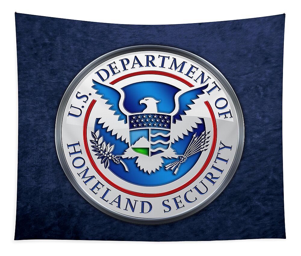 'military Insignia & Heraldry 3d' Collection By Serge Averbukh Tapestry featuring the digital art Department of Homeland Security - D H S Emblem on Blue Velvet by Serge Averbukh