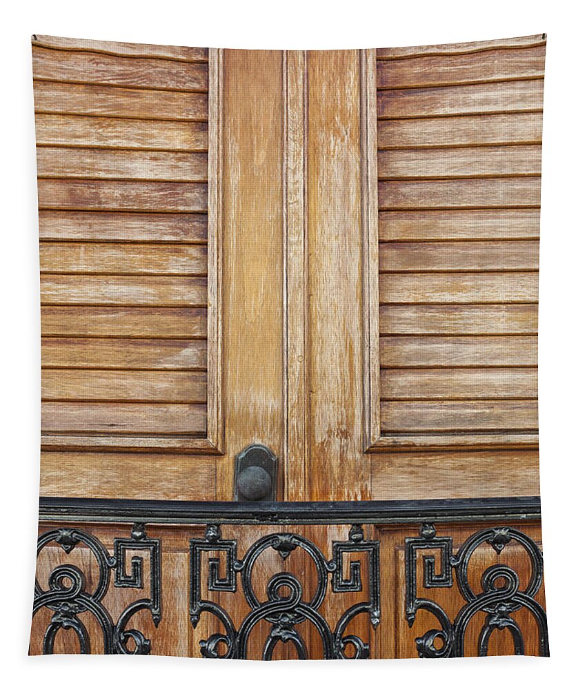 Balcony Tapestry featuring the photograph Detail Of Wooden Door And Wrought Iron in Old San Juan Puerto Ric by Bryan Mullennix