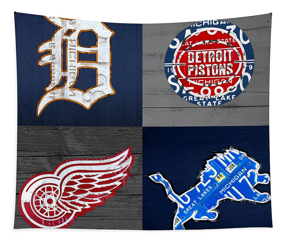 Detroit Tapestry featuring the mixed media Detroit Sports Fan Recycled Vintage Michigan License Plate Art Tigers Pistons Red Wings Lions by Design Turnpike
