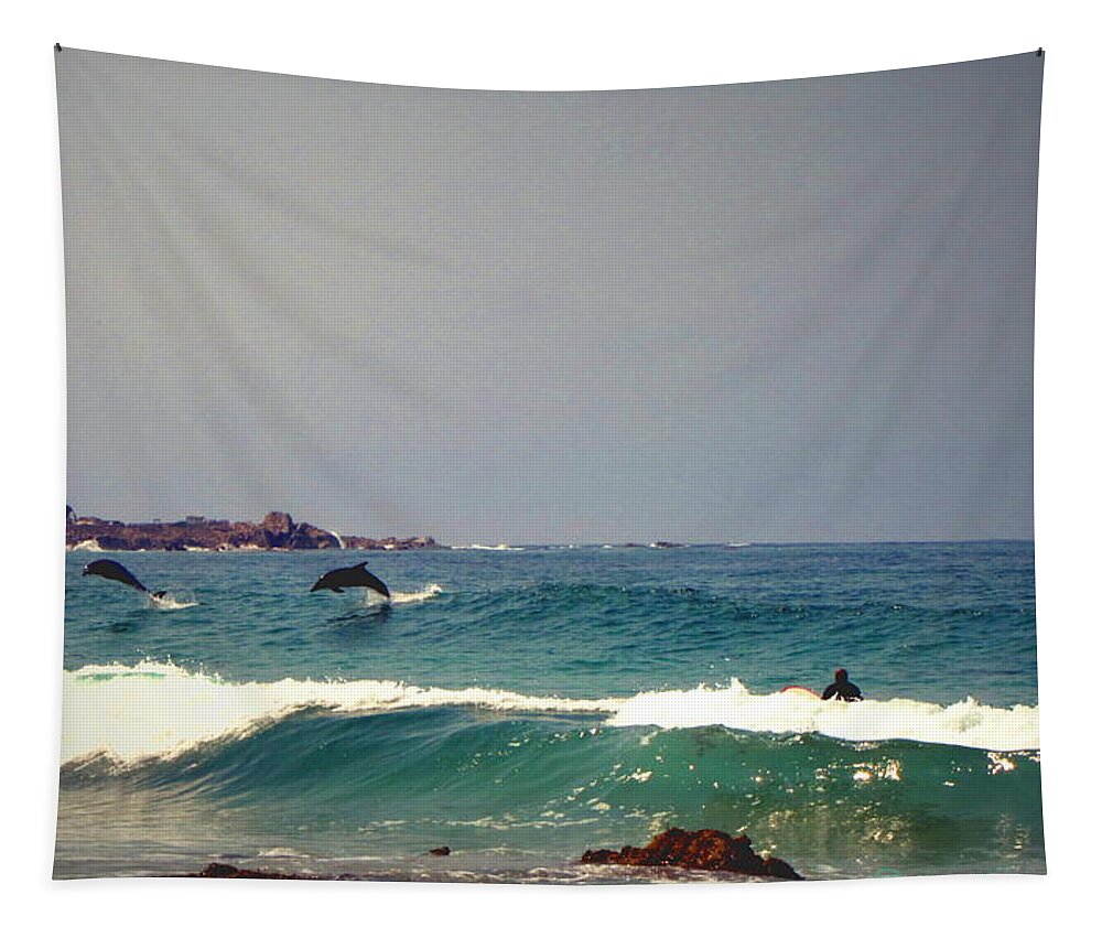 Dolphins Tapestry featuring the photograph Dolphins Swimming With The Surfers At Asilomar State Beach by Joyce Dickens