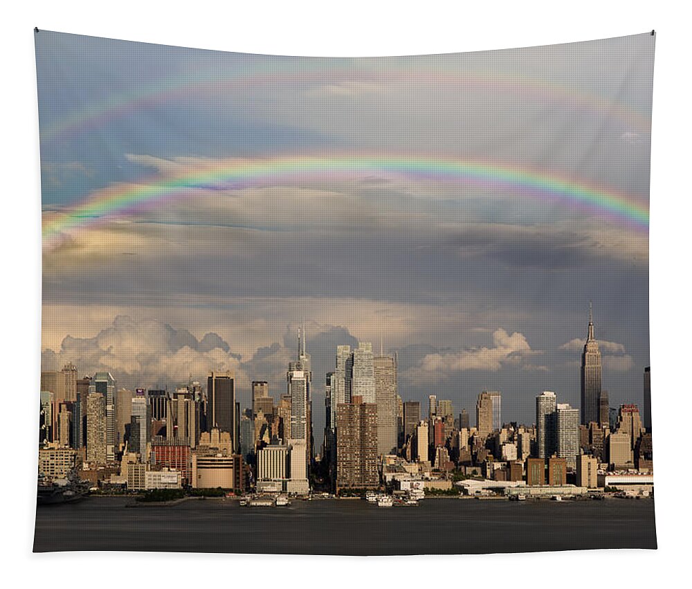 New York City Skyline Tapestry featuring the photograph Double Rainbow Over NYC by Susan Candelario