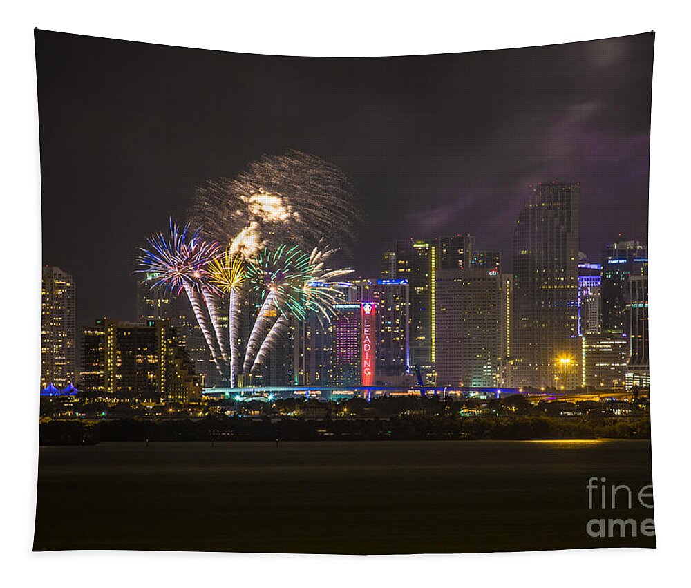 Fireworks Tapestry featuring the photograph Downtown Miami Fireworks View by Rene Triay FineArt Photos