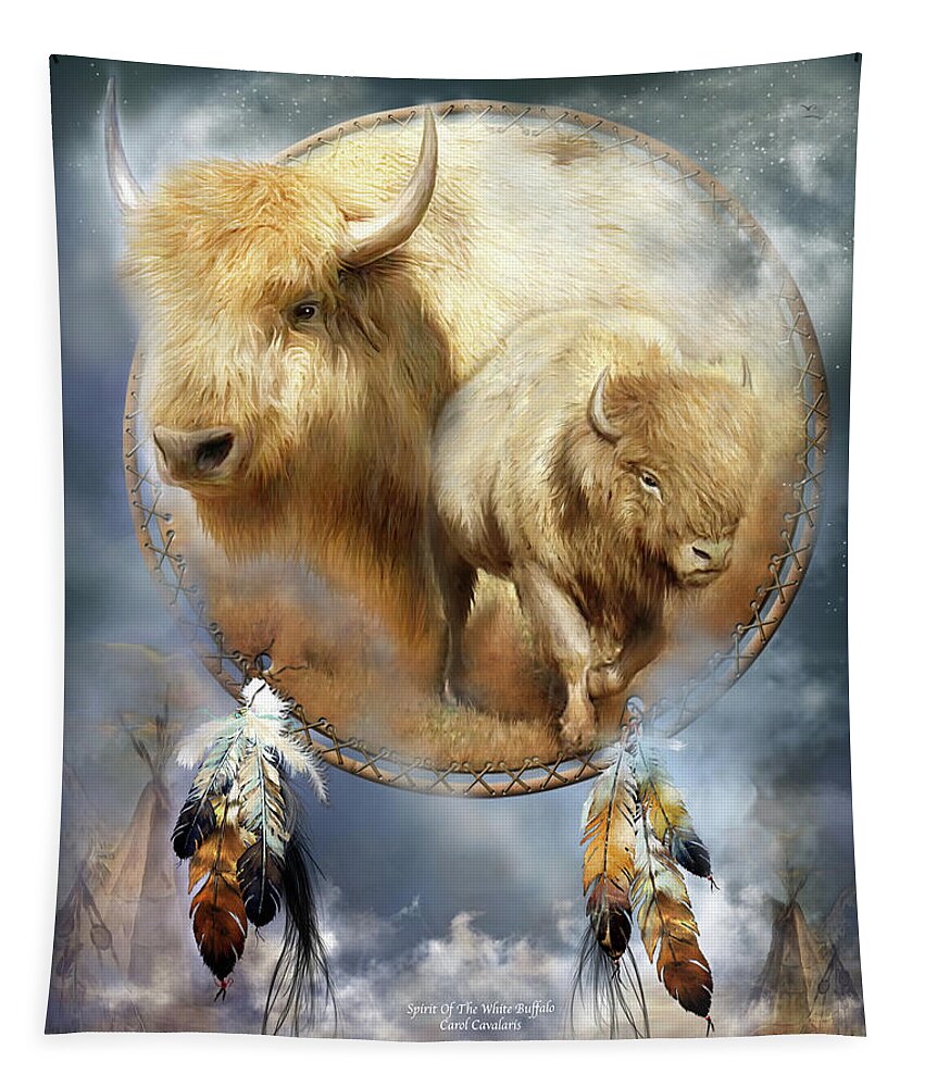 Carol Cavalaris Tapestry featuring the mixed media Dream Catcher - Spirit Of The White Buffalo by Carol Cavalaris