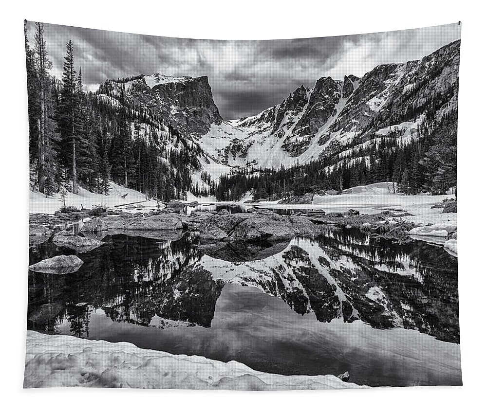 Rocky Mountain Tapestry featuring the photograph Dream Lake Morning Monochrome by Darren White