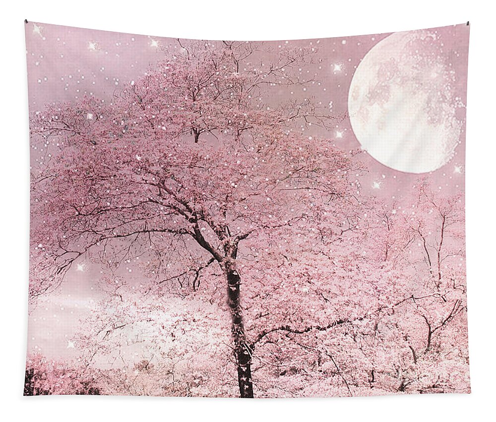 Nature Tapestry featuring the photograph Dreamy Surreal Pink Fairytale Nature Trees Moon and Stars - Shabby Chic Pastel Pink Fairytale Nature by Kathy Fornal