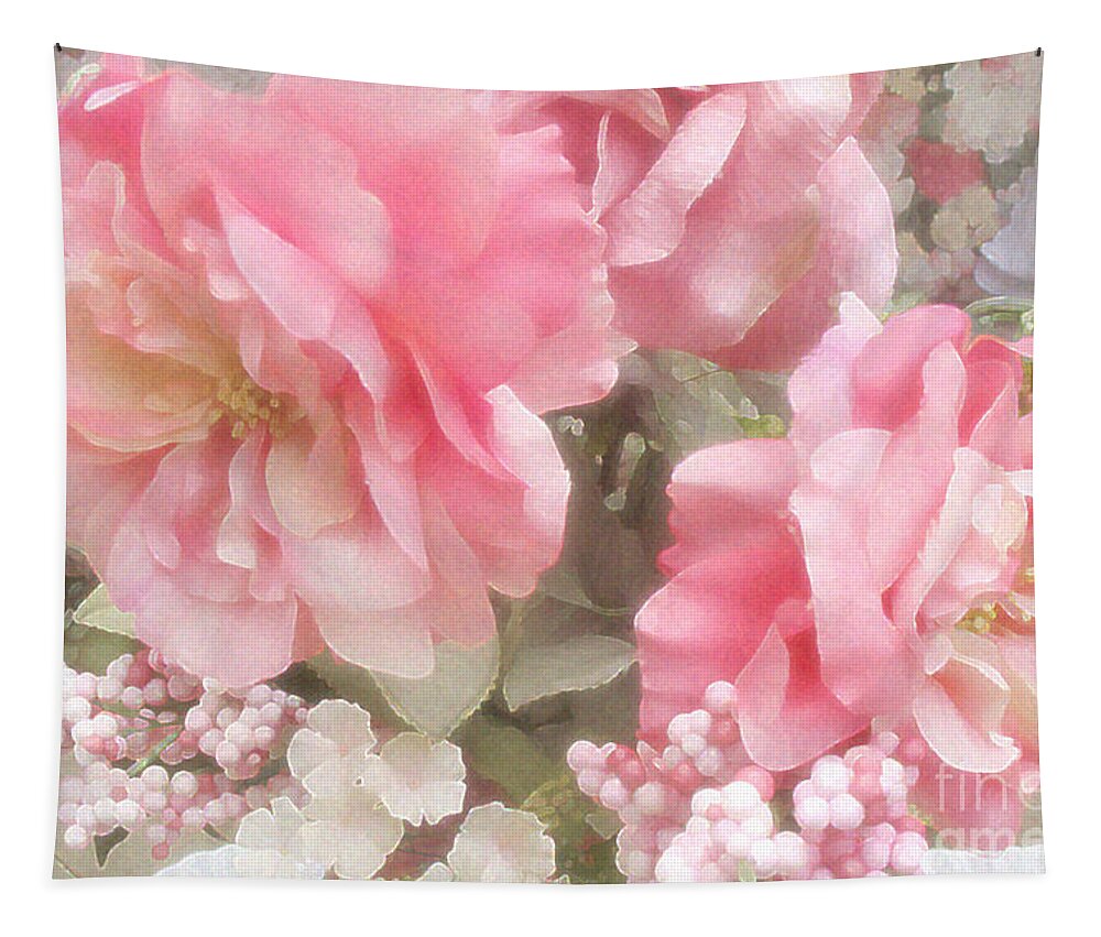 Peonies Tapestry featuring the photograph Dreamy Pink Roses, Shabby Chic Pink Roses - Romantic Roses Peonies Floral Decor by Kathy Fornal
